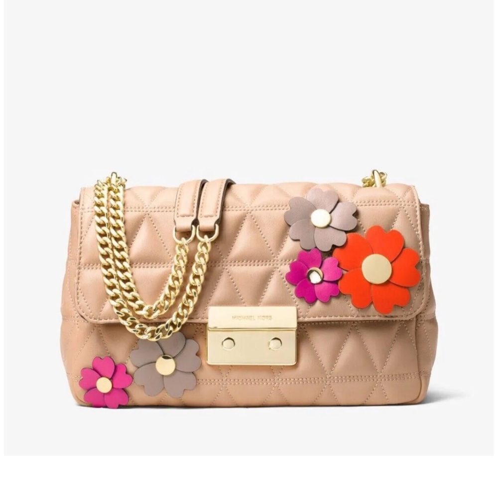 Michael Kors Leather Flora Applique Sloan Shoulder Bag gold chain